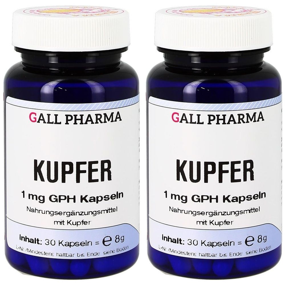 Zwei blaue Flaschen mit weißen Deckeln. Aufschrift: GALL PHARMA KUPFER 1 mg GPH Kapseln. Inhalt: 30 Kapseln.