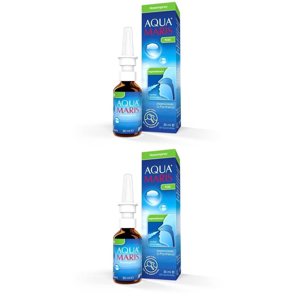 Nasenspray-Flasche und Schachtel. Flasche aus braunem Glas mit weißem Sprühkopf. Blaue und grüne Schachtel mit Produktnamen und Illustration.