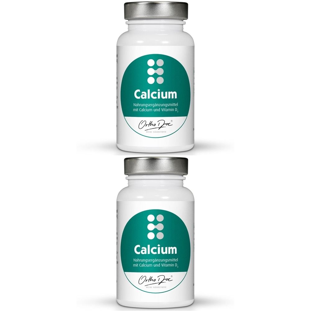 Zwei weiße Flaschen mit silbernen Deckeln. Aufschrift "Calcium" auf grünem Etikett. Marke: OrthoDoc®.