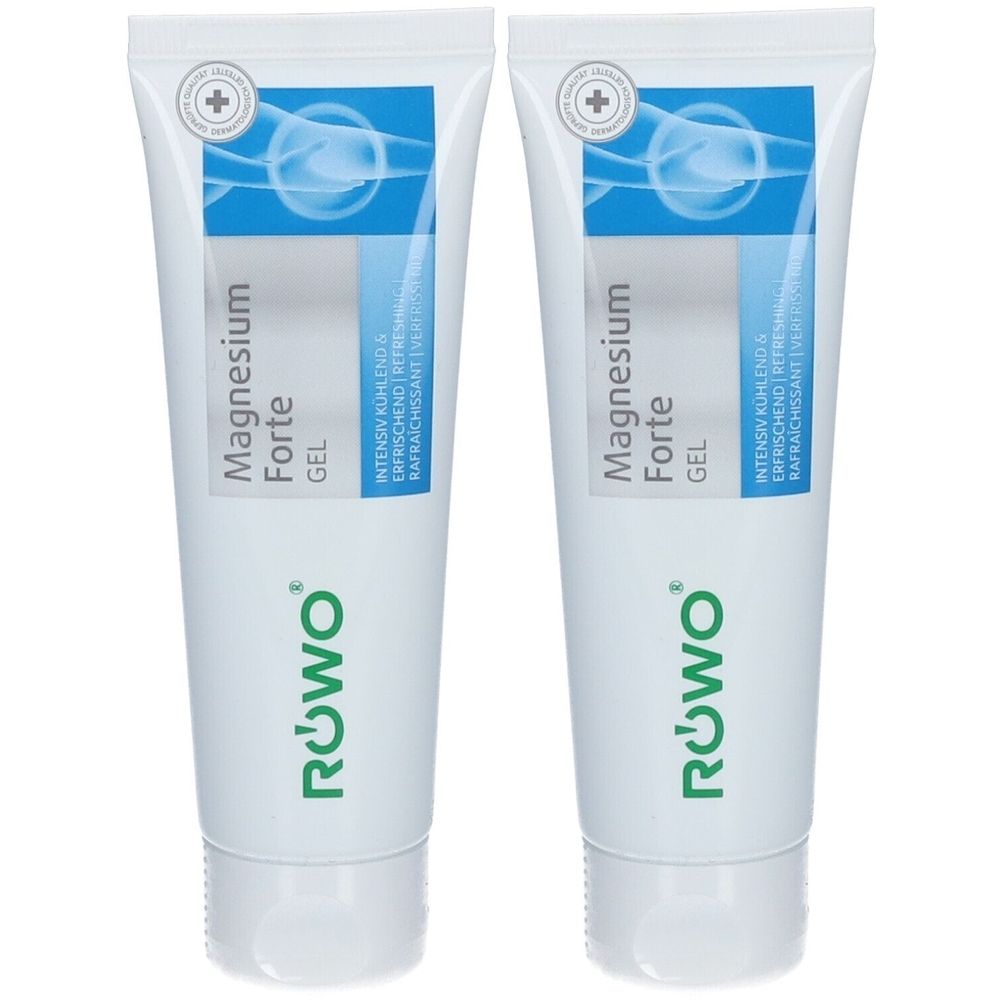 Zwei Tuben RÖWO Magnesium Forte Gel. Weiße Tuben mit blauem Streifen und Schriftzug. Logo und Produktname deutlich sichtbar.
