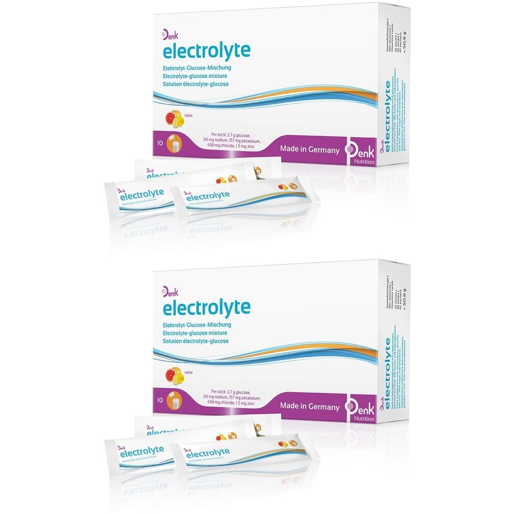 Weiße Verpackung mit Produktnamen "electrolyte". Einzelne Beutel mit gleichem Aufdruck. "Made in Germany" und Logo.