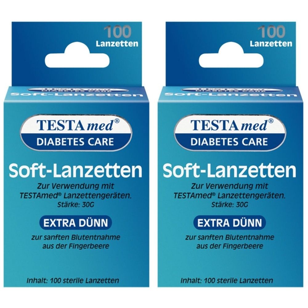 Zwei Packungen TESTAmed Soft-Lanzetten. Blaue Verpackung mit weißem Logo und Text. Enthält 100 sterile Lanzetten. Aufschrift: Extra dünn.
