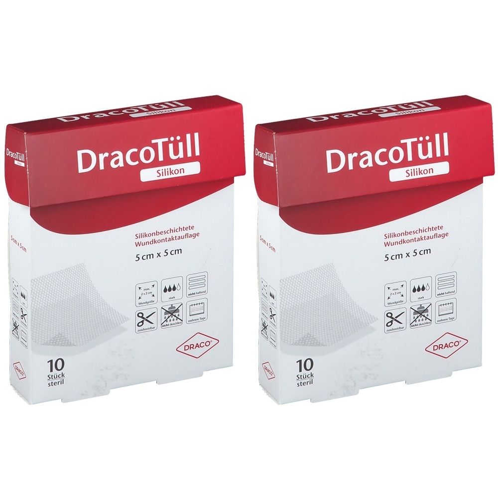 Zwei Packungen DracoTüll Silikon. Aufdruck: 5 cm x 5 cm, 10 Stück steril. Rote und weiße Verpackung mit Logo.