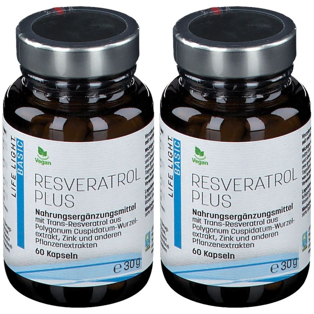Zwei braune Glasflaschen mit silbernen Deckeln. Auf den Etiketten steht "LIFE LIGHT BASIC", "RESVERATROL PLUS" und "60 Kapseln".