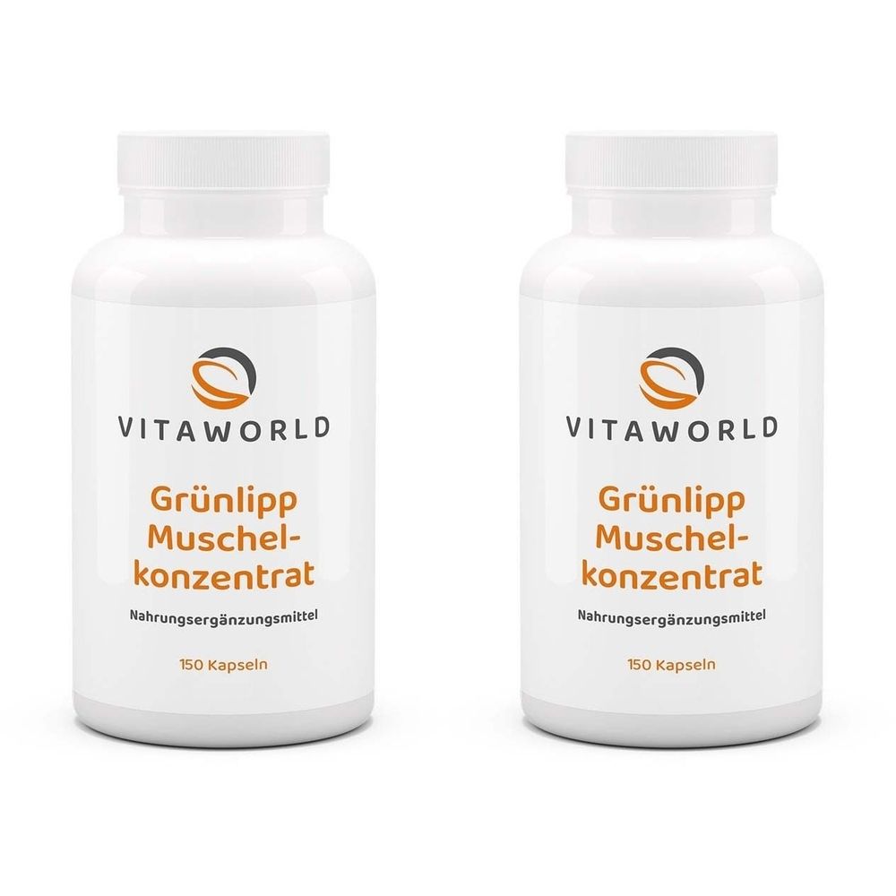 Zwei weiße Flaschen mit Schraubverschluss. Aufschrift: VITAWORLD, Grünlipp Muschelkonzentrat, Nahrungsergänzungsmittel, 150 Kapseln.