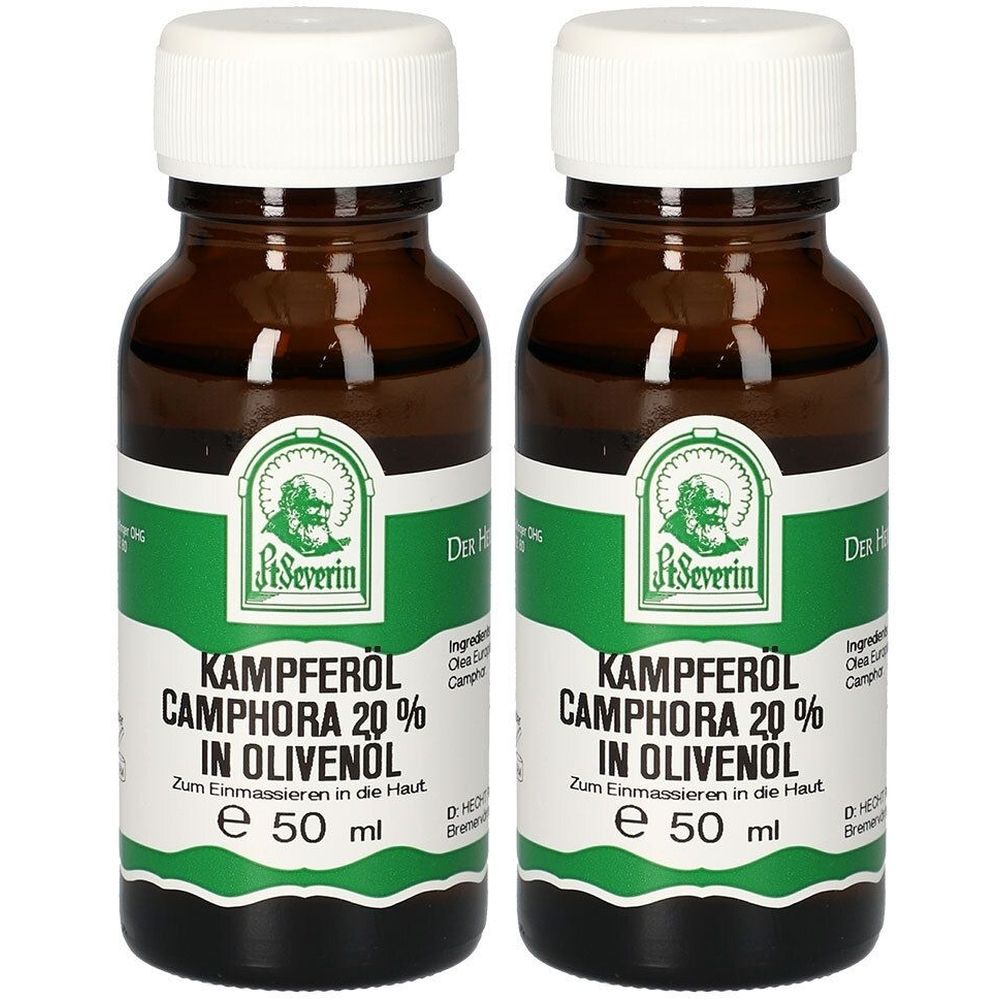 Zwei braune Glasflaschen mit weißem Deckel. Etikett mit grünem Streifen und Schriftzug: Kampferöl 20% in Olivenöl. Marke: St. Severin.