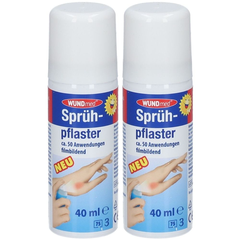Zwei Sprühpflaster-Flaschen. Aufschrift: WUNDmed Sprühpflaster, ca. 50 Anwendungen, 40 ml. Mit „NEU“ gekennzeichnet.