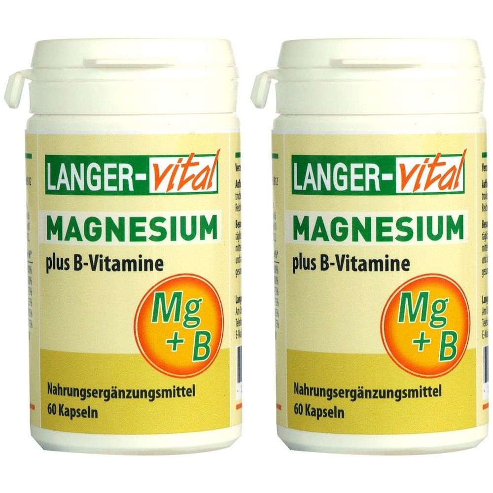 Zwei Flaschen mit weißem Deckel. Aufschrift: LANGER-vital MAGNESIUM plus B-Vitamine. Mit Mg+B Symbol. Nahrungsergänzungsmittel, 60 Kapseln.