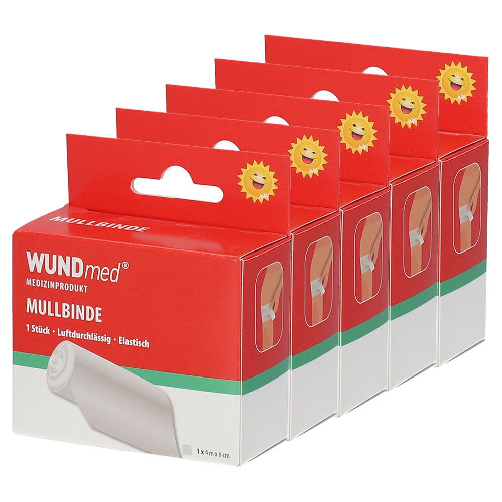 Mehrere Packungen WUNDmed Mullbinde. Rote Verpackung mit Produktname, Sonnen-Logo und Abbildung eines Verbands. Einzelne Mullbinde sichtbar.