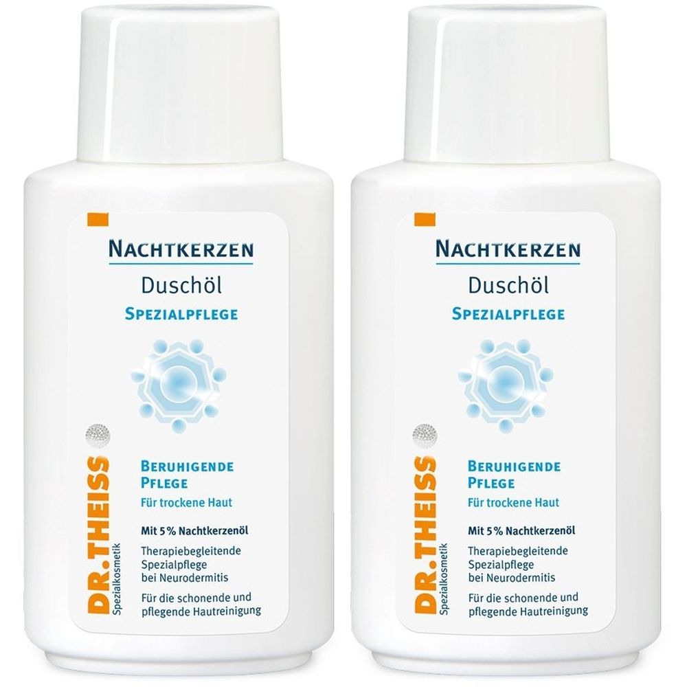 Zwei weiße Flaschen mit weißem Deckel. Aufschrift: Nachtkerzen Duschöl, Spezialpflege, beruhigende Pflege, für trockene Haut. Marke: Dr. Theiss.