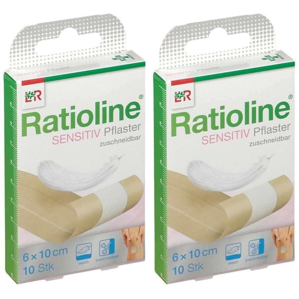 Zwei Packungen Ratioline® sensitive Pflaster. Auf jeder Packung: Produktabbildung, Größenangabe 6x10 cm, 10 Stück.