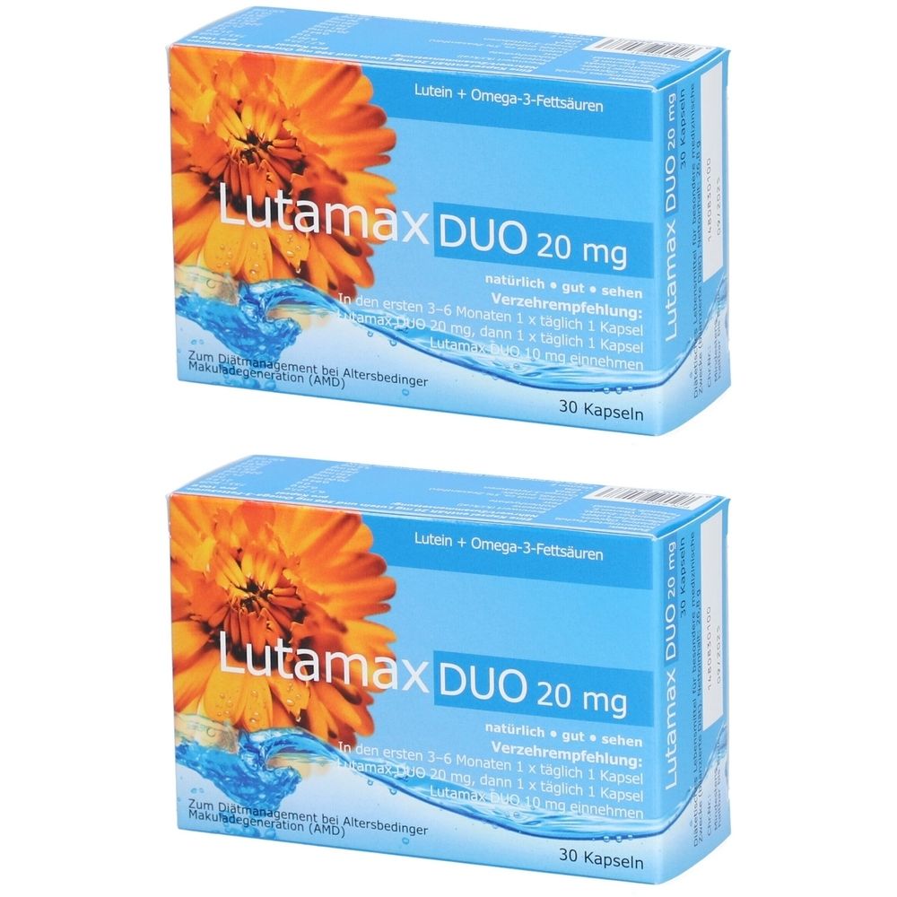 Zwei Schachteln Lutamax DUO 20 mg. Blaue Verpackung mit floralem Design. Aufschrift: Lutein + Omega-3-Fettsäuren, 30 Kapseln.