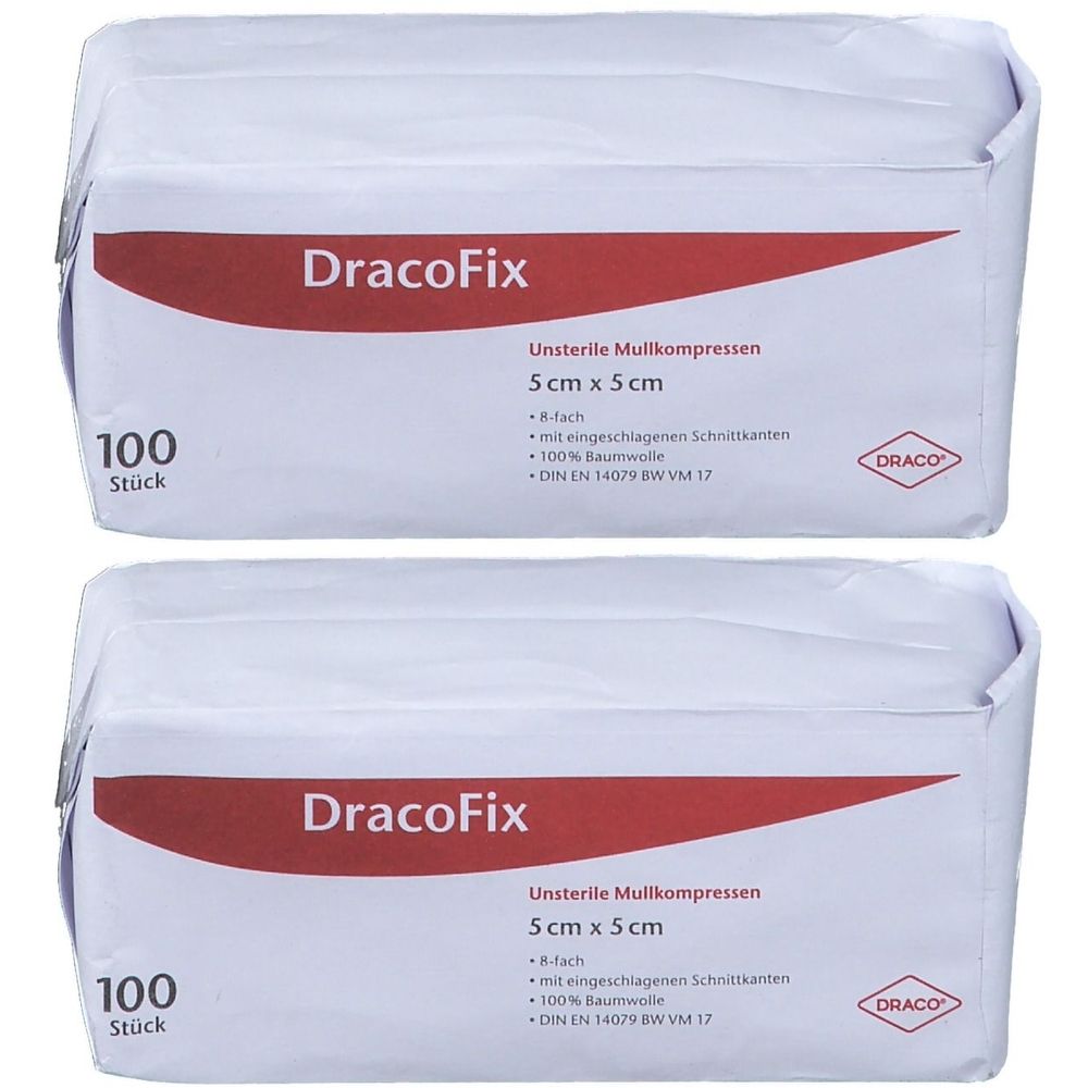 Zwei Packungen DracoFix Mullkompressen. Aufschrift: 5 cm x 5 cm, 100 Stück. Logo: DRACO. Unsterile Kompressen.