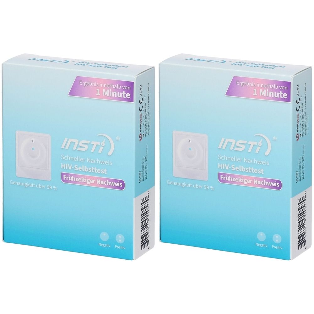 Zwei Schachteln INSTI HIV-Selbsttest. Blaue Verpackung mit weißem Produktbild und Text. Ergebnis in 1 Minute. Aufschrift: Früher Nachweis.