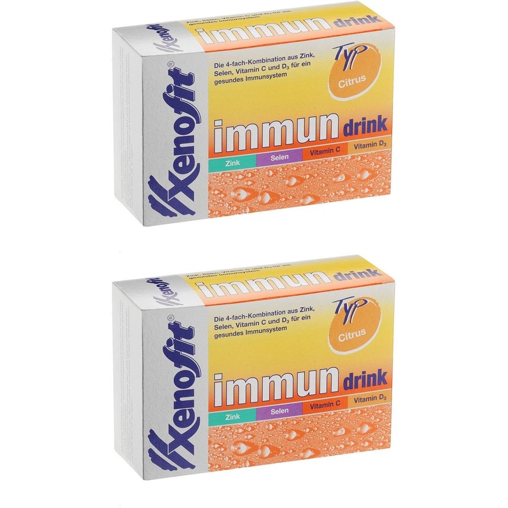 Zwei Kartons Xenofit immun drink. Gelb-orangefarbene Verpackung mit Produktnamen und Inhaltsstoffen. Typ Citrus.