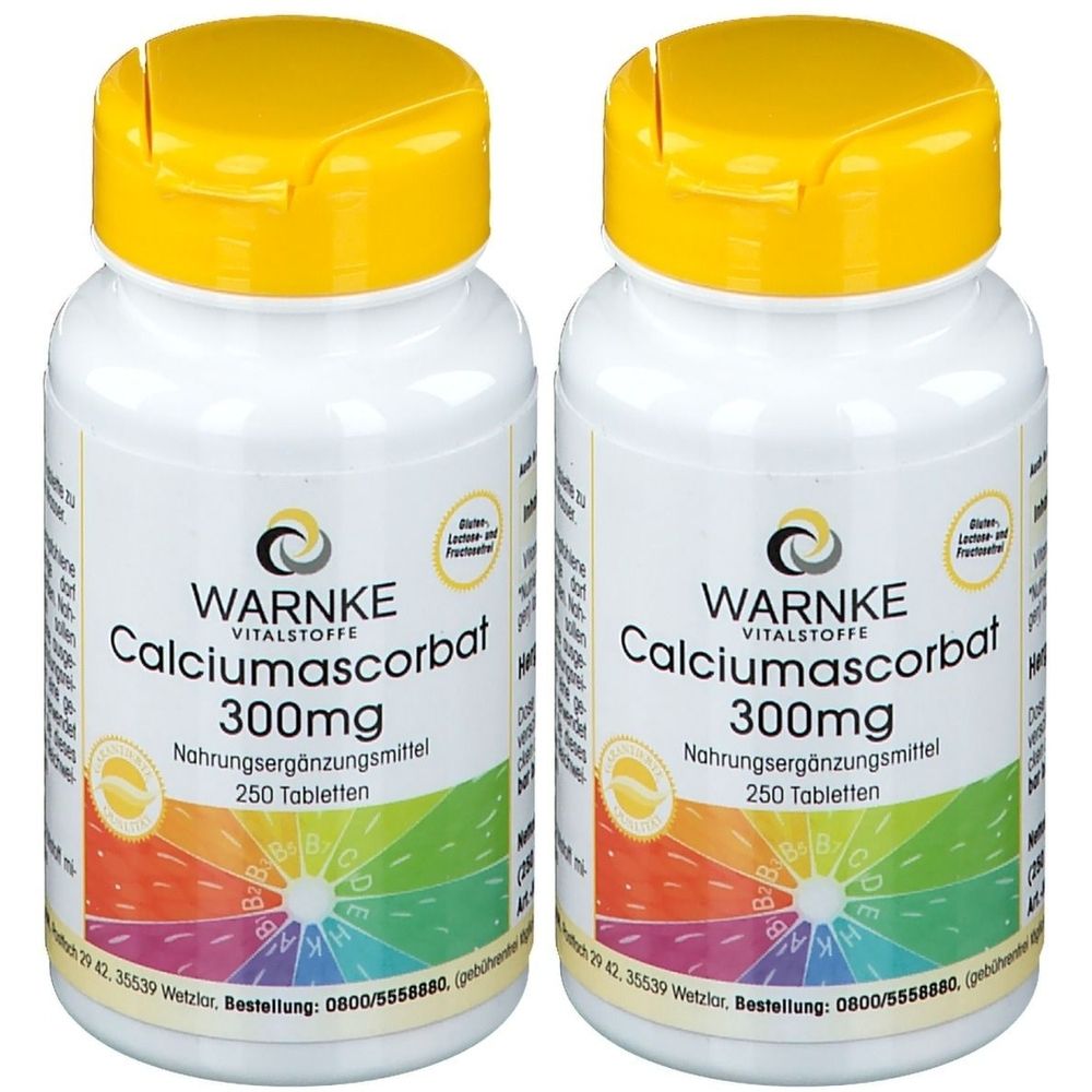 Zwei weiße Flaschen mit gelben Deckeln. Auf jeder Flasche steht "WARNKE Calciumascorbat 300mg". Aufschrift: Nahrungsergänzungsmittel, 250 Tabletten.