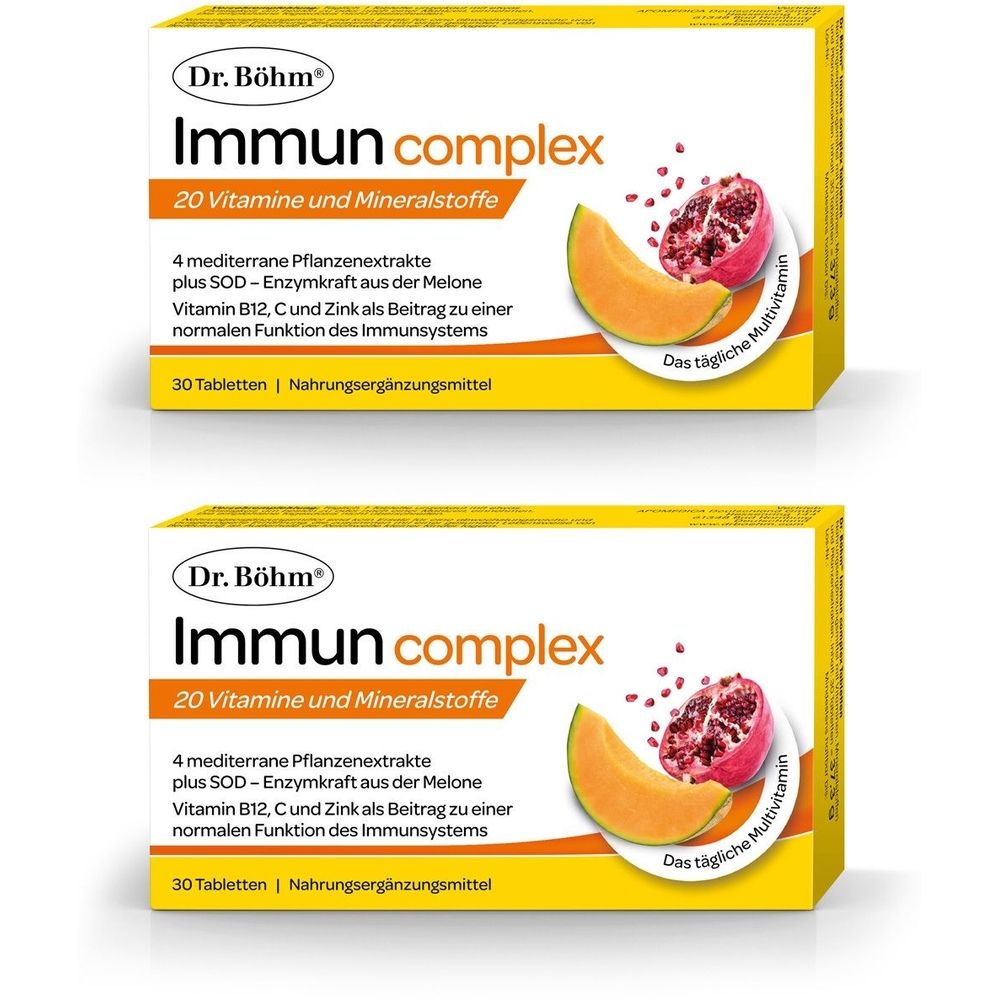 Zwei Schachteln Dr. Böhm Immun complex Tabletten. Gelbe Verpackung mit Produktnamen, Inhaltsangaben und Abbildungen von Früchten.