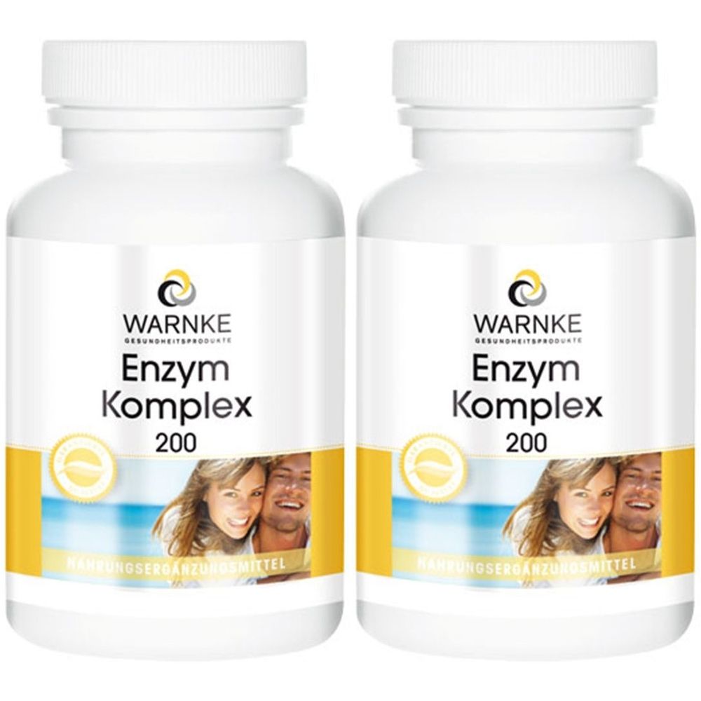 Zwei weiße Flaschen mit dem Etikett WARNKE Enzym Komplex 200. Aufschrift: Nahrungsergänzungsmittel. Gelber Streifen mit Personen.