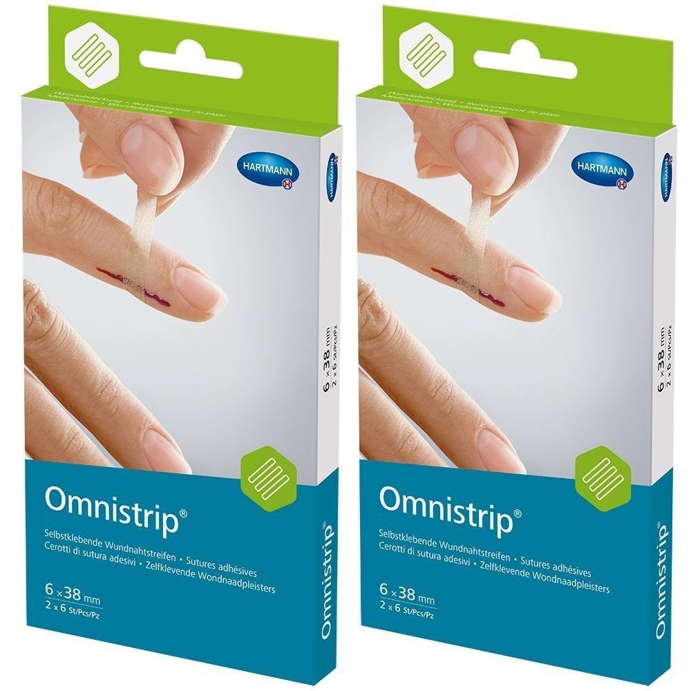Zwei Packungen Omnistrip Wundnahtstreifen. Auf der Verpackung ist ein Finger mit einem Wundverschlussstreifen abgebildet. Größe: 6 x 38 mm.