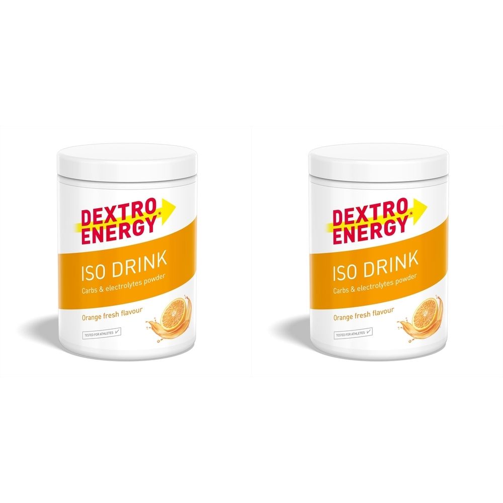 Zwei weiße Dosen mit Deckel. Aufschrift: Dextro Energy, ISO DRINK, Orange fresh flavour. Abbildung einer Orange.