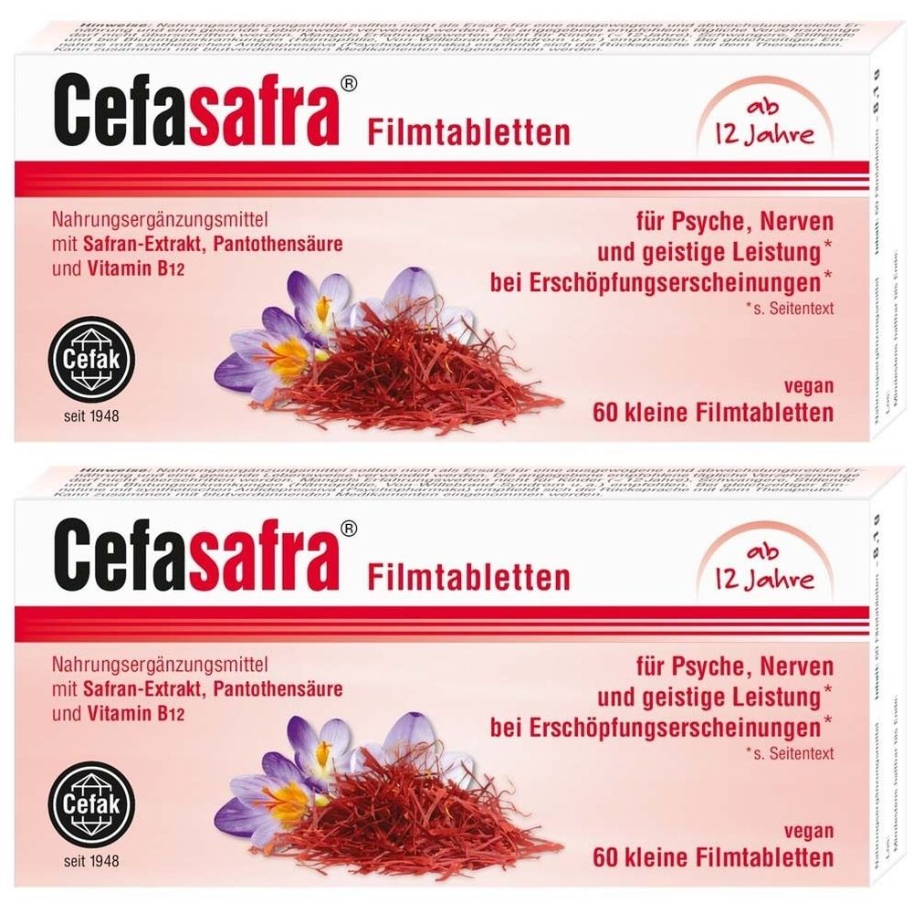 Zwei Packungen Cefasafra Filmtabletten. Aufschrift: Nahrungsergänzungsmittel, Safran-Extrakt, Pantothensäure, Vitamin B12. 60 kleine Filmtabletten, vegan.