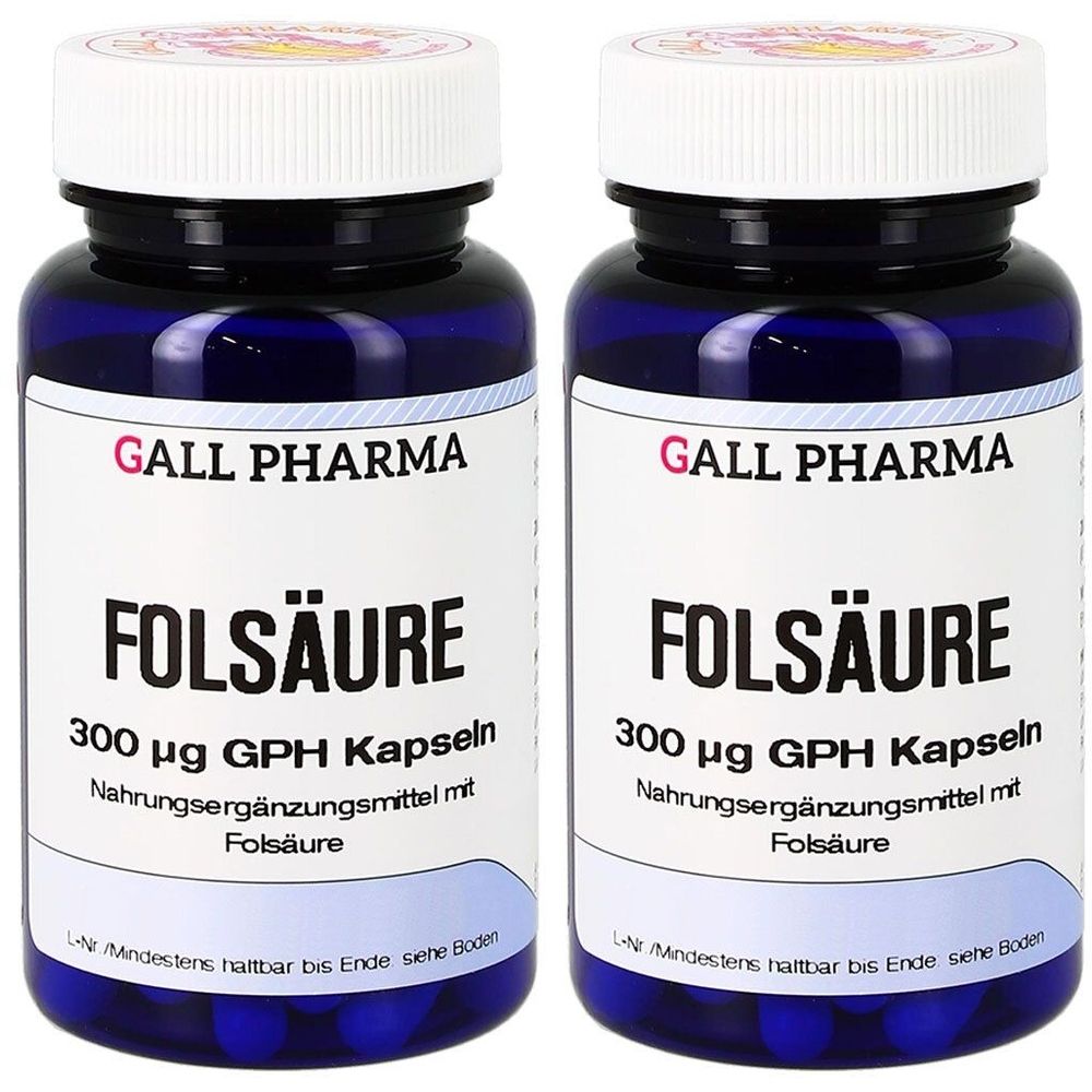 Zwei blaue Flaschen mit weißen Deckeln. Auf den Etiketten steht "FOLSÄURE" und "300 µg GPH Kapseln". Marke: GALL PHARMA.