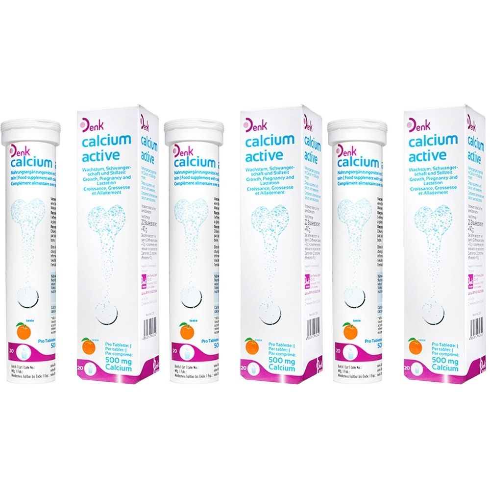 Mehrere Packungen Calcium active Denk. Weiße Röhrchen mit Tabletten und Kartons mit Produktinformationen. Aufdruck: 500 mg Calcium.