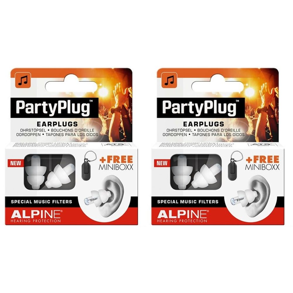 Zwei Packungen PartyPlug-Ohrstöpsel. Weiße Ohrstöpsel, schwarze MiniBoxx. Aufschrift: Alpine, Hearing Protection, Special Music Filters.