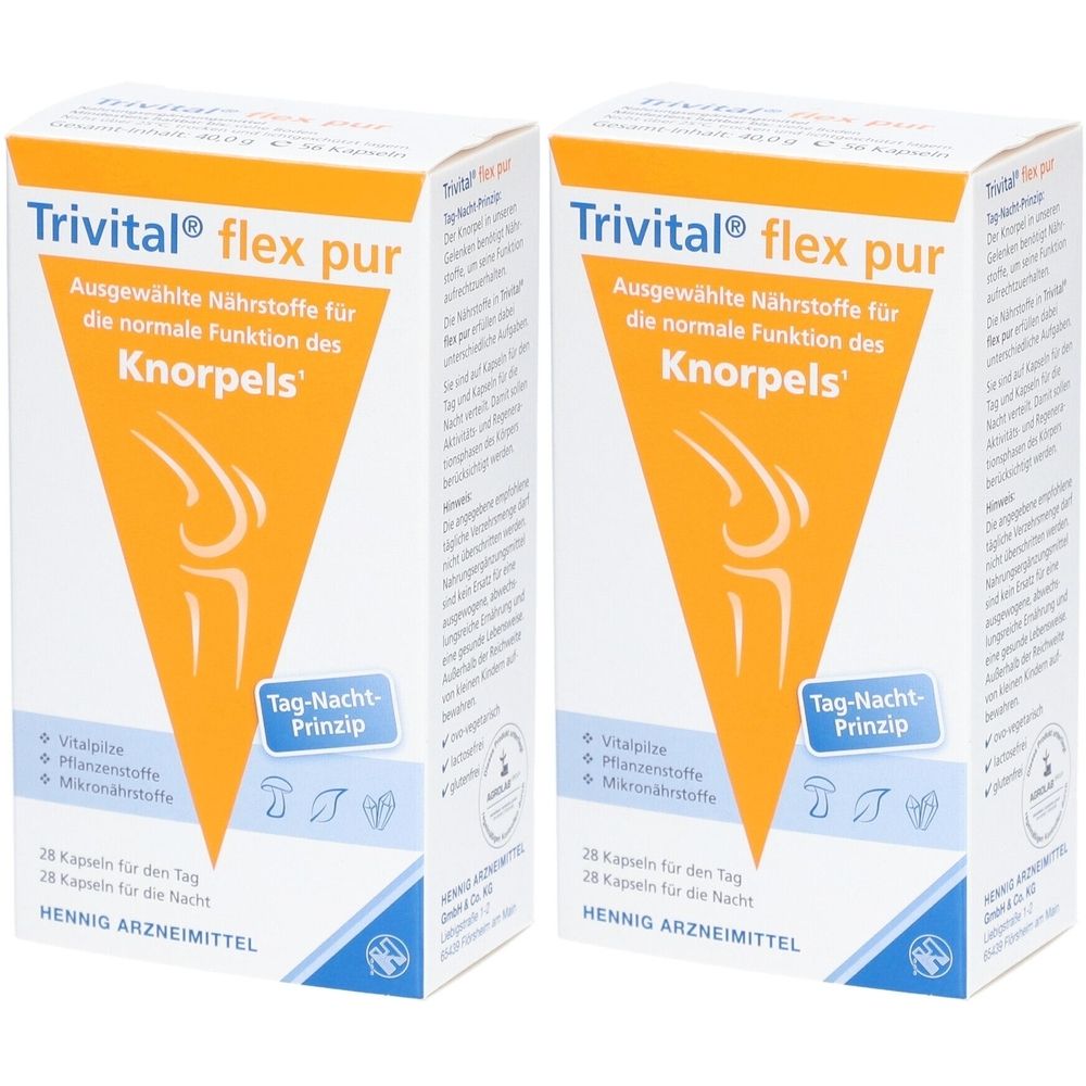 Zwei Schachteln Trivital® flex pur. Aufschrift: Ausgewählte Nährstoffe für die normale Funktion des Knorpels. Tag-Nacht-Prinzip. Hennig Arzneimittel.
