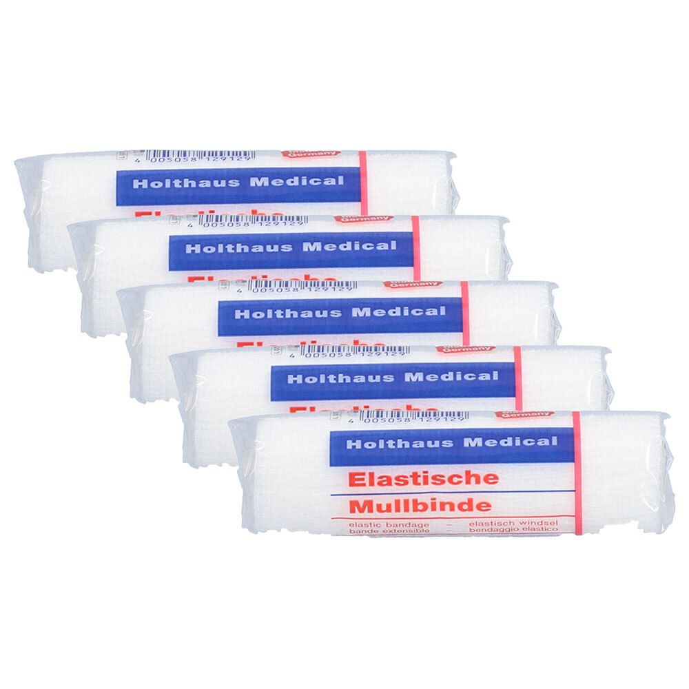 Mehrere weiße Mullbinden in Folie verpackt. Blaue und rote Etiketten mit Schriftzug: Holthaus Medical, Elastische Mullbinde.