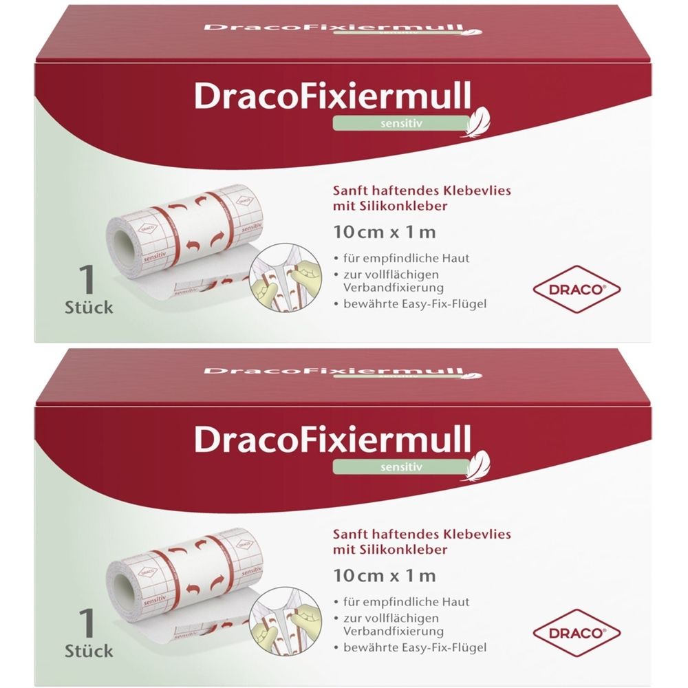 Verpackung mit DracoFixiermull sensitiv. 10 cm x 1 m. Enthält eine Rolle. Marke DRACO.