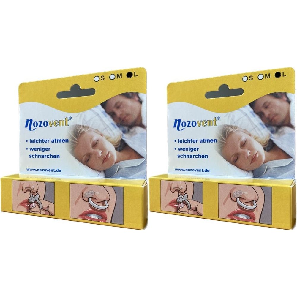 Zwei Packungen Nozovent. Gelbe Verpackung mit Produktabbildung und Text. Aufschrift: leichter atmen, weniger schnarchen.