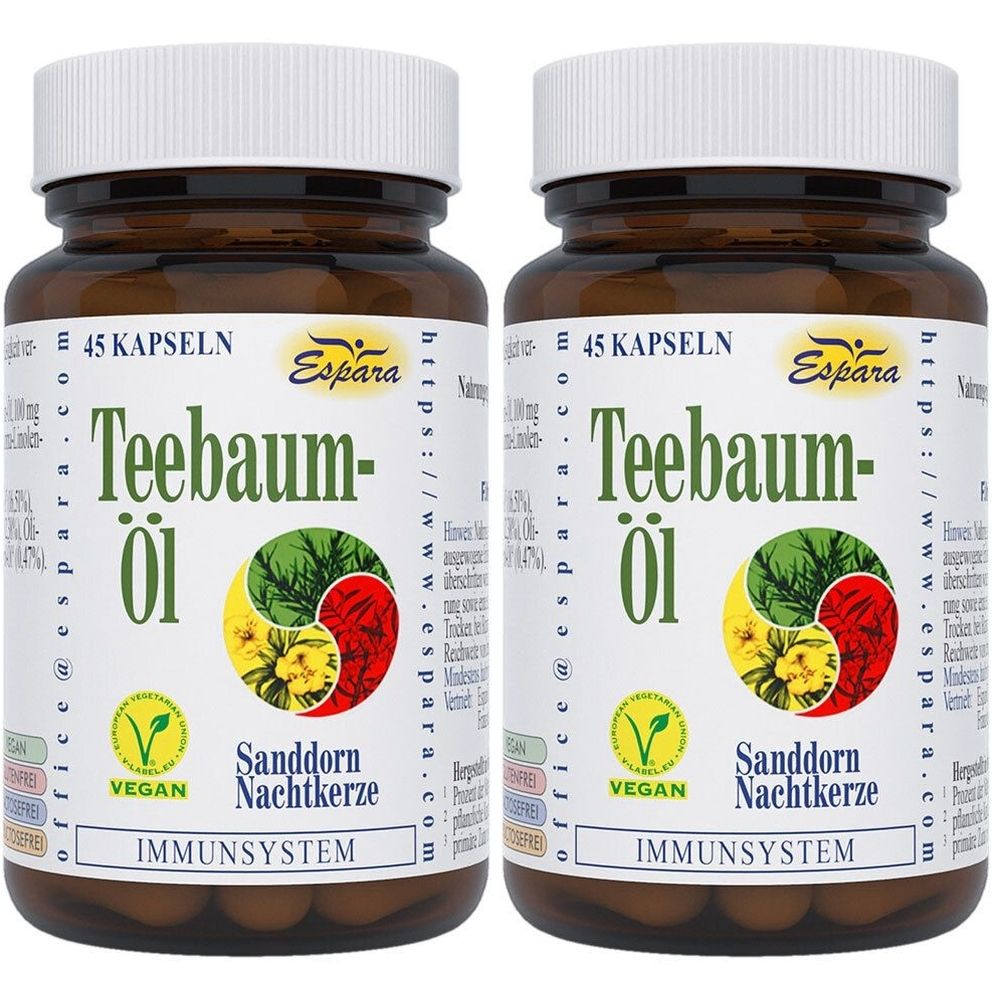 Zwei braune Flaschen mit weißen Deckeln. Auf den Etiketten steht "Teebaum-Öl", "Espara" und "45 Kapseln". Vegan-Siegel.