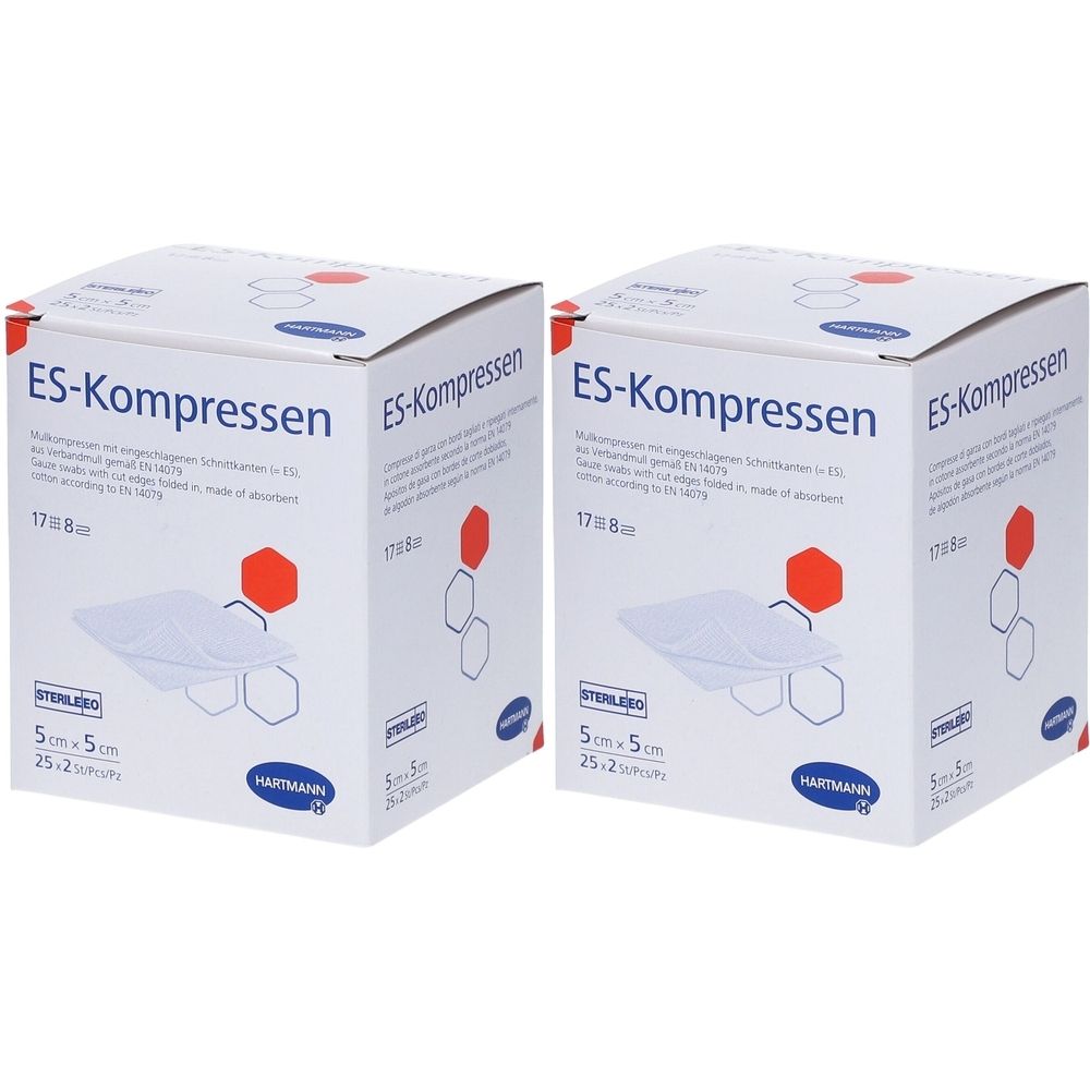 Zwei Kartons ES-Kompressen steril. Aufdruck: 5 x 5 cm, 25 Stück. Marke Hartmann. 17 x 8-fach gefaltet.