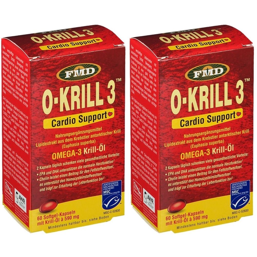 Zwei rote Kartons mit "O-Krill 3 Cardio Support"-Aufdruck. Enthält 60 Softgel-Kapseln. MSC-Zertifizierung.