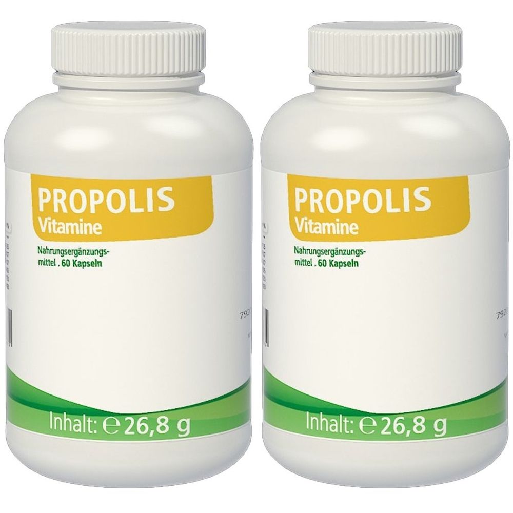 Zwei weiße Flaschen mit Schraubverschluss. Auf gelbem Etikett steht "PROPOLIS Vitamine". Darunter "Nahrungsergänzungsmittel. 60 Kapseln".
