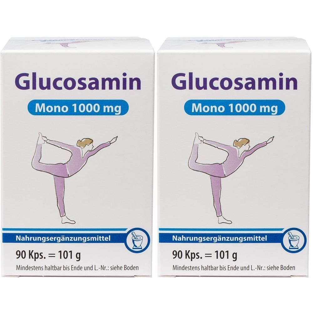 Zwei weiße Kartons mit „Glucosamin Mono 1000 mg“. Abbildung einer Person in Yoga-Pose. Text: Nahrungsergänzungsmittel, 90 Kps. = 101 g.