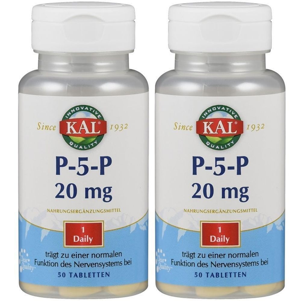 Zwei Flaschen KAL P-5-P 20 mg Tabletten. Weiße Deckel, silberne Flaschen mit Etikett. Text: P-5-P 20 mg, 50 Tabletten.