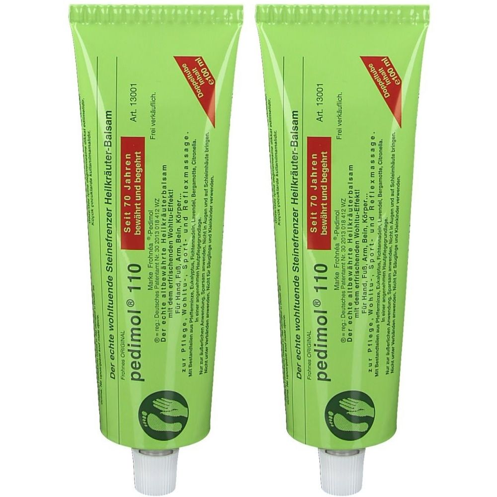 Zwei grüne Tuben pedimol® 110. Aufschrift: Seit 70 Jahren bewährt und begehrt. Doppelpackung. Art. 13001. Mit Fuß-Symbol.