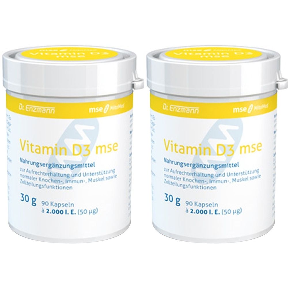 Zwei weiße Dosen mit gelben Deckeln. Aufschrift: Vitamin D3 mse. Enthält 90 Kapseln. Nahrungsergänzungsmittel.