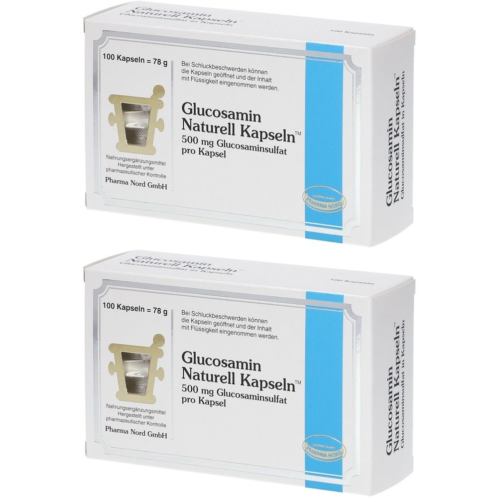 Zwei weiße Kartons mit blauen Akzenten. Aufgedruckt: Glucosamin Naturell Kapseln, 500 mg Glucosaminsulfat pro Kapsel. 100 Kapseln.