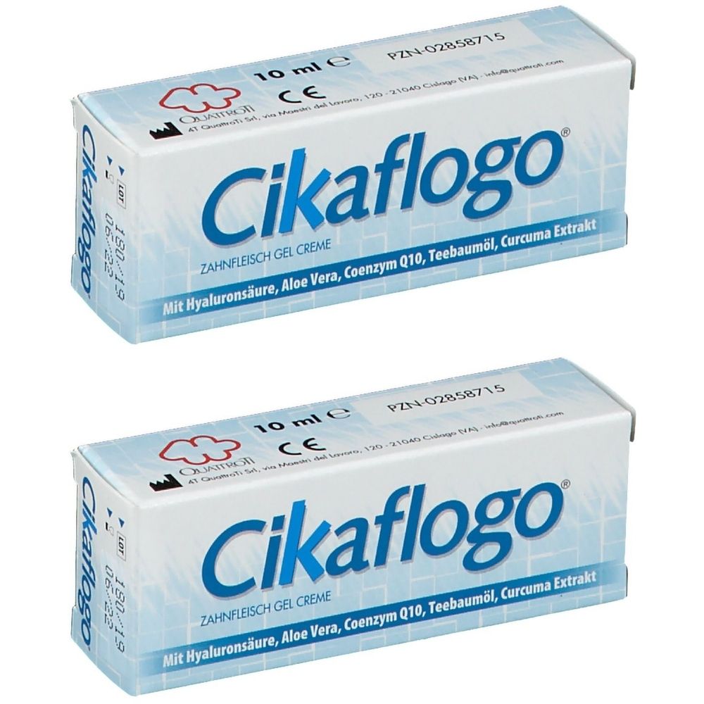 Zwei Schachteln Cikaflogo. Aufschrift: Zahnfleisch Gel Creme. Enthält Hyaluronsäure, Aloe Vera, Coenzym Q10, Teebaumöl, Curcuma Extrakt. 10 ml.