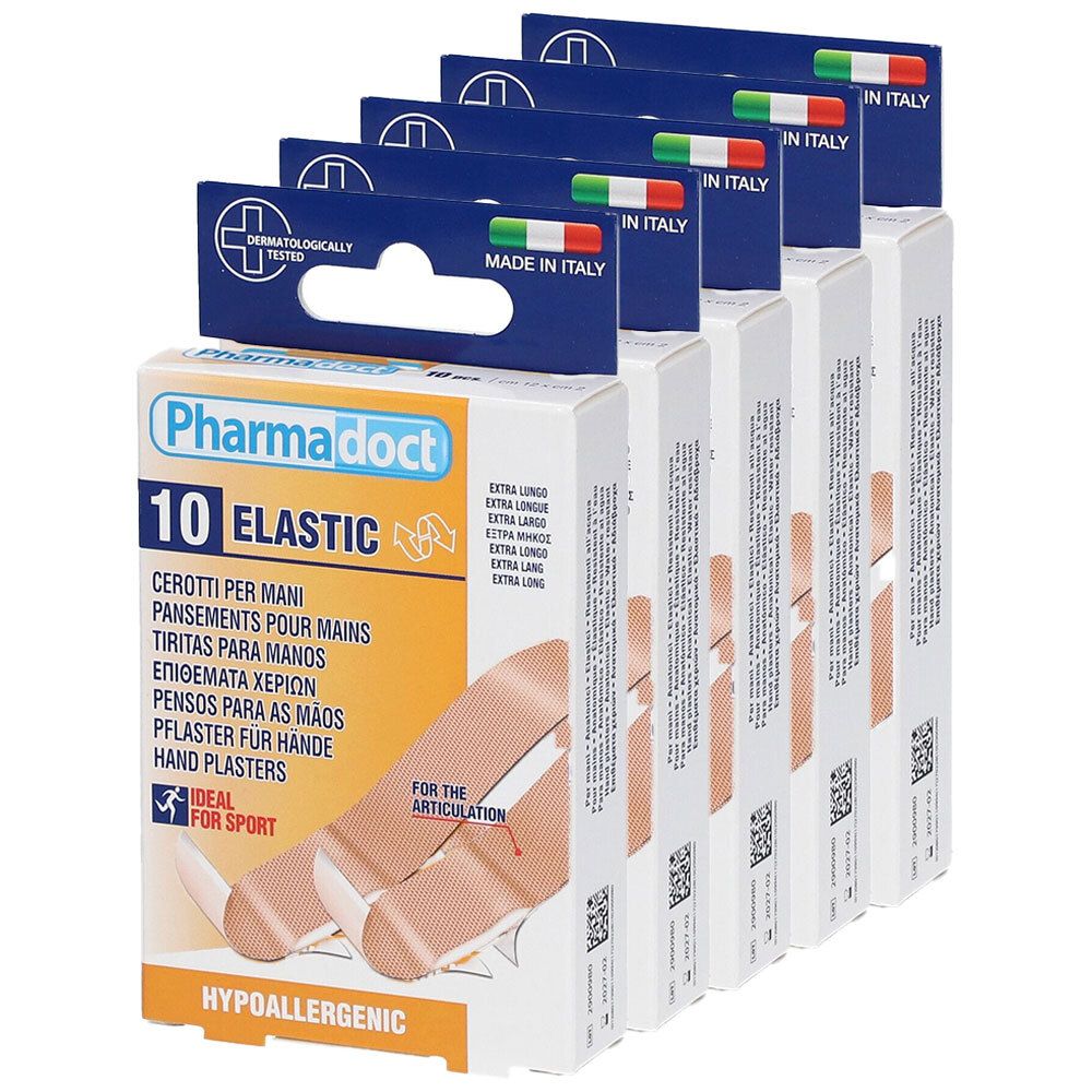 Mehrere Packungen Pflaster. Aufdruck: Pharma doct, 10 Elastic, dermatologisch getestet, ideal für Sport, hypoallergen. Hergestellt in Italien.