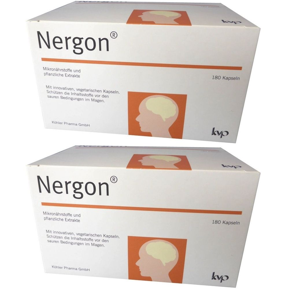 Zwei weiße Kartons mit dem Produktnamen Nergon®. Aufdrucke: Mikronährstoffe, pflanzliche Extrakte, 180 Kapseln, Kopf-Silhouette. Logo: kyp.