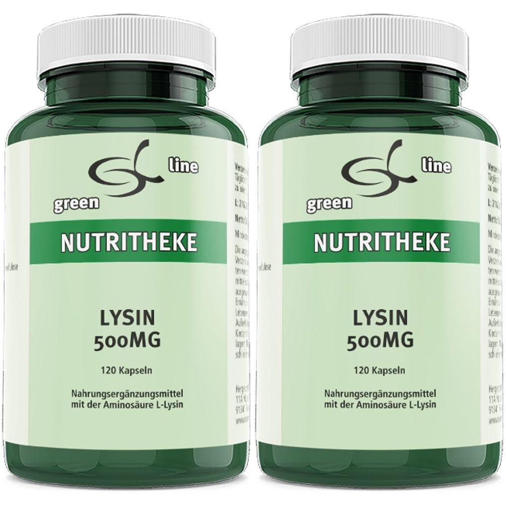 Zwei grüne Flaschen mit weißem Deckel. Aufschrift: green line NUTRITHEKE LYSIN 500MG, 120 Kapseln. Nahrungsergänzungsmittel.