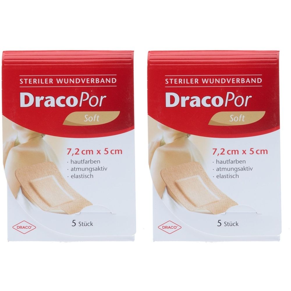 Zwei Packungen Wundverband. Aufschrift: DracoPor Soft, 7,2 cm x 5 cm, hautfarben, atmungsaktiv, elastisch. 5 Stück.