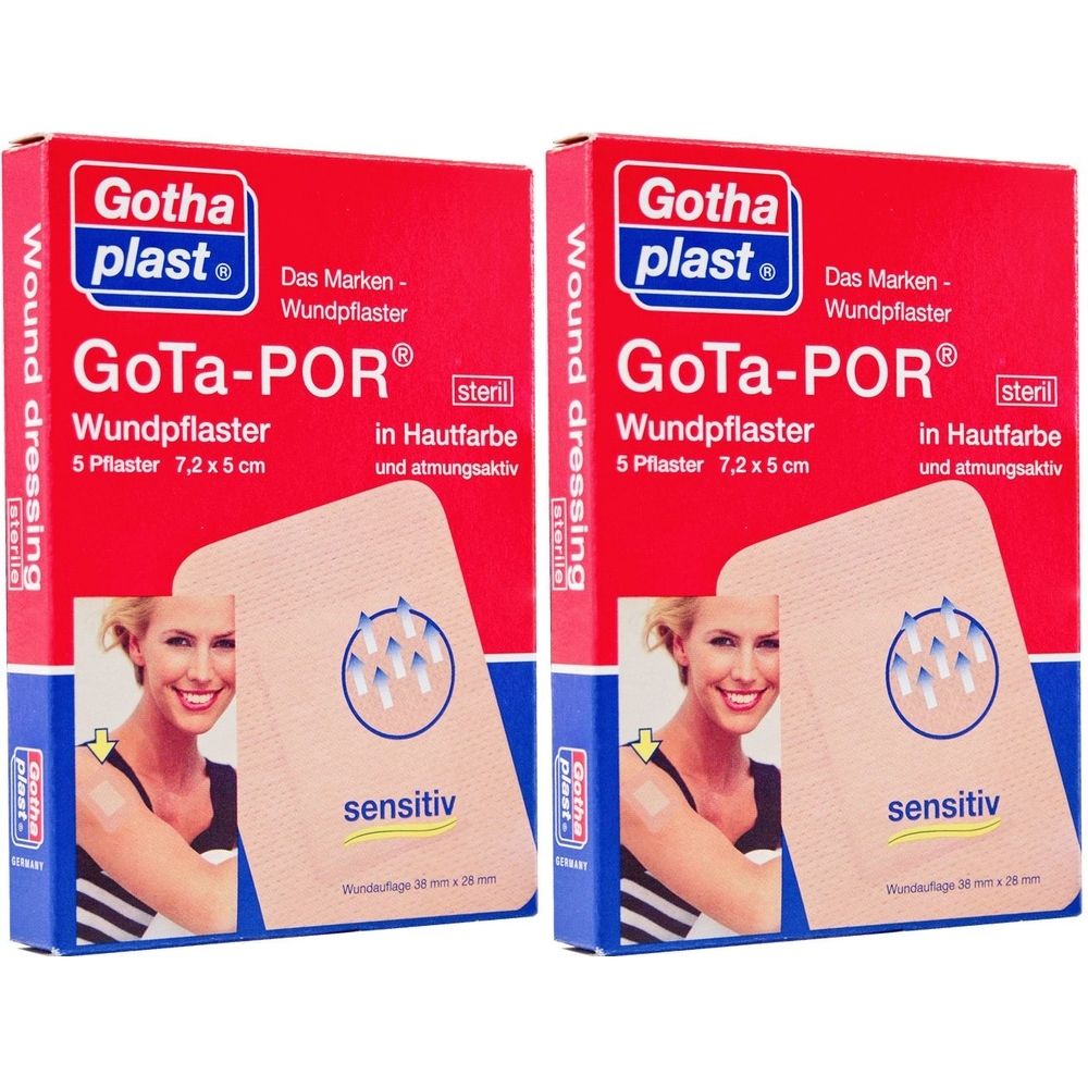 Zwei Packungen Wundpflaster. Aufschrift: GoTa-POR, steril, in Hautfarbe, atmungsaktiv. 5 Pflaster, 7,2 x 5 cm. Marke: Gothaplast.