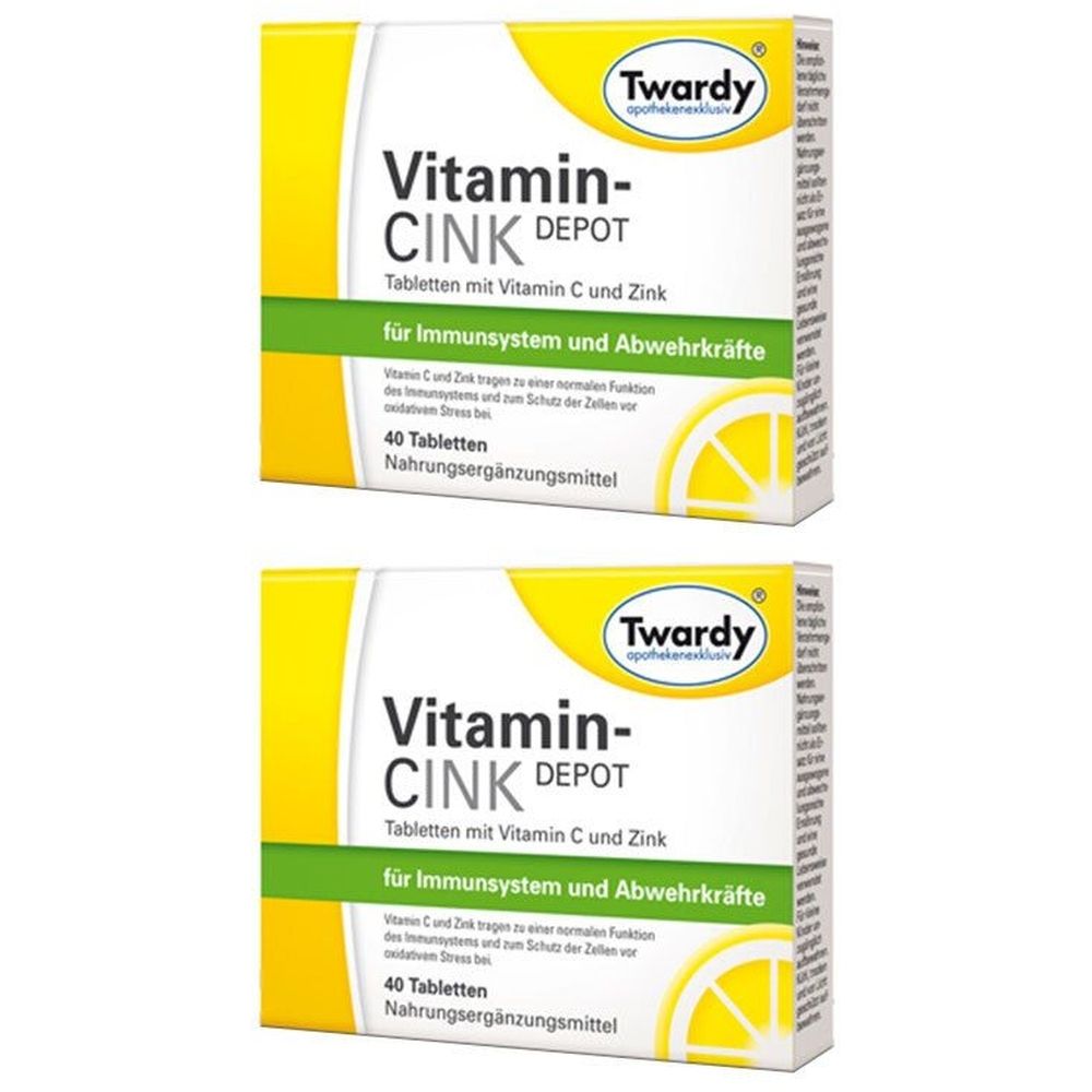Zwei Schachteln Twardy Vitamin-Cink Depot. Aufschrift: Vitamin-CINK DEPOT, Tabletten mit Vitamin C und Zink, 40 Tabletten.