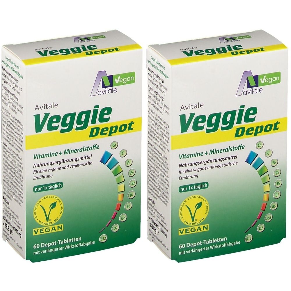 Zwei weiße Kartons mit "Avitale Veggie Depot" Aufdruck. Enthält Vitamine und Mineralstoffe. Vegan-Siegel. 60 Tabletten.