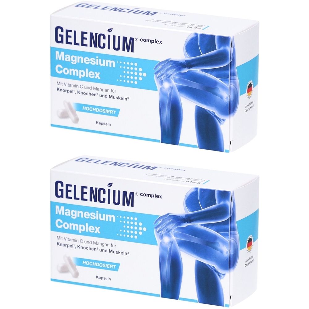 Zwei Schachteln mit „Gelencium Magnesium Complex“. Weiße Verpackung mit blauer Schrift und Abbildung eines Kniegelenks. Kapseln sind abgebildet.